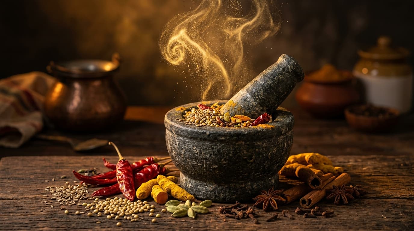 Vibrant Indian spice blends displayed on a rustic surface